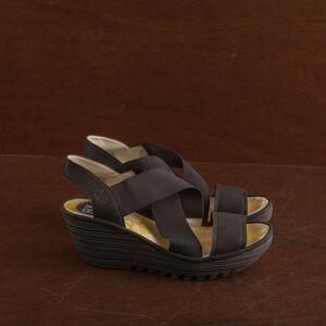 Fly London Yaji Cross Wedge Sandal Strappy Shoes Womens SZ EU 40 US 9-9.5 Black